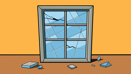 Poster - A broken window The window was shattered with sharp pieces of glass tered on the ground beneath it. The frame was dented and the glass had cracks. Cartoon Vector.