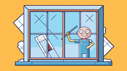 Poster - A broken window pane in a house is being rep with a new one. The new window is made of clear shatterproof glass and has a sleek modern design giving. Cartoon Vector.