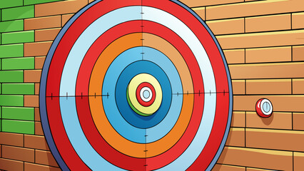 Poster - A bullseye target hangs on a shooting range wall with concentric circles of different colors extending out from its centre. The bright red bullseye at. Cartoon Vector.