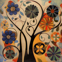 Wall Mural - painting of a tree with flowers and swirls on a white background