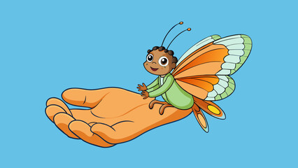 A butterfly delicately resting on a childs palm its colorful wings fluttering gently in the warm breeze. The butterflys antennae are long and thin and. Cartoon Vector.