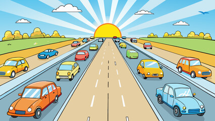 Aufkleber - A busy highway filled with cars of different makes and models. Their shiny exteriors reflect the sunlight as they zoom by leaving trails of dust in. Cartoon Vector.