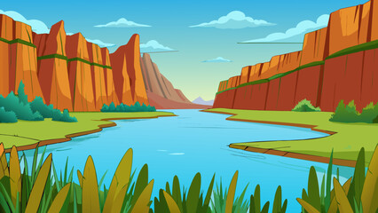 Poster - A calm lake surrounded by tall swaying grasses and towering cliffs. The water is crystal clear reflecting the vivid colors of the surrounding. Cartoon Vector.