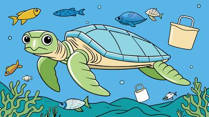 Poster - A campaign to reduce plastic use A closeup image of a turtle swimming in the ocean surrounded by plastic bags and straws. The text reads Help save our. Cartoon Vector.