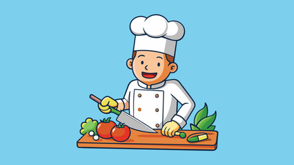 Aufkleber - A chef chopping vegetables with remarkable speed their hands moving in a blur as they expertly slice and dice. The steady rhythm of the knife hitting. Cartoon Vector.