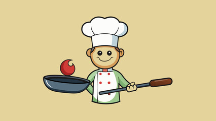 Poster - A chef grasping onto a hot pan handle with a pot holder to lift it off the stove. The pan is made of heavy cast iron and the handle is long and narrow. Cartoon Vector.