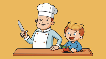 Poster - A chef carefully instructs a kitchen novice on how to properly use a kitchen knife emphasizing the sharpness and importance of proper grip.. Cartoon Vector.
