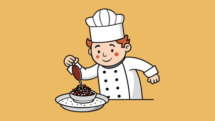 Poster - A chef sprinkling black pepper onto a dish with a shaker labeled 1 teas. The degree refers to the amount of e being added with 1 teas being a small. Cartoon Vector.