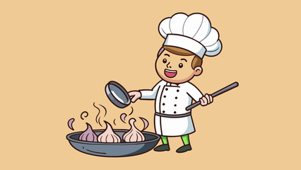 Fototapete - A chef throws a fistful of diced onions into a sizzling pan creating a loud sizzling noise. The onions small even size and soft texture allow them to. Cartoon Vector.