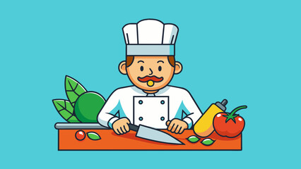 Aufkleber - A chef practicing their knife skills carefully chopping vegetables with precision and speed.. Cartoon Vector.