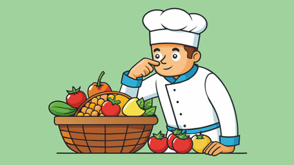 Poster - A chef examining a basket of fresh produce smelling and touching each item to assess its riss firmness and flavor profile before incorporating it into. Cartoon Vector.