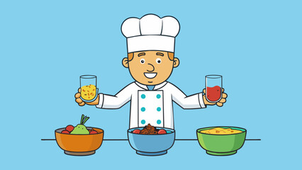Poster - A chef experimenting with two different flavors in a dish one traditional and the other fusion. They must make a decision on how to blend the flavors. Cartoon Vector.