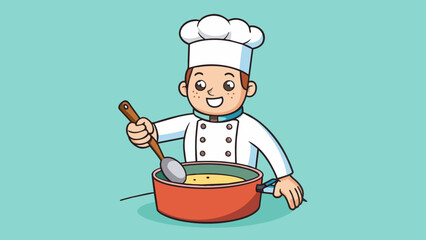Poster - A chef preparing a soup and adds a dash of salt for seasoning. The salt is small white and finely grained with a bit of a salty smell when you bring. Cartoon Vector.