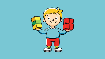 Poster - A child has three blocks in one hand and four blocks in the other hand. They combine the blocks into one pile and now there are seven blocks in total.. Cartoon Vector.