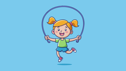 Poster - A child playing with a jump rope is counting out loud as she jumps One two three four five... Each jump marks one second passing. The rope swings. Cartoon Vector.