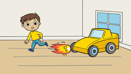 Fototapete - A child moves their toy car along the living room floor zooming around corners and over obstacles. The car is made of plastic with big wheels and. Cartoon Vector.