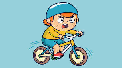 Poster - A childs face filled with determination and concentration as they attempt to ride their bike without training wheels for the first time.. Cartoon Vector.