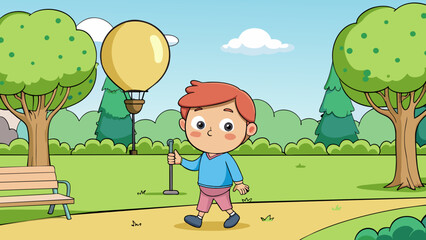 Poster - A child holding onto a balloon string firmly with their fingers while walking in a park. The balloon is light and round with a shiny surface and the. Cartoon Vector.