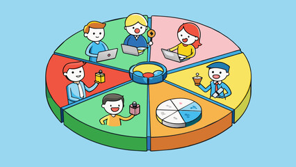 Aufkleber - A circular chart divided into equal sections each representing a different percentage of a companys profit distribution.. Cartoon Vector.