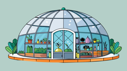 Fototapete - A circular structure made of glass and metal with a domed roof and sliding doors. Inside there are shelves and display cases filled with colorful. Cartoon Vector.