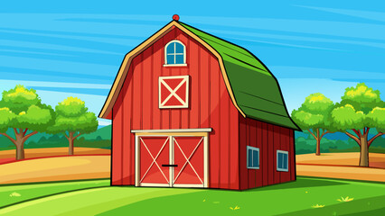Poster - A classic red barn with a sy wooden frame and a bright red paint job standing tall in a lush green field.. Cartoon Vector.