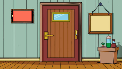 Poster - A closed wooden door with a sign that reads occupied indicating that someone is inside the room.. Cartoon Vector.