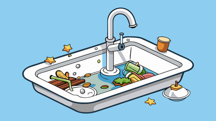 Poster - A clogged sink The sink is made of white porcelain and has a silver faucet and drain. Water quickly collects in the sink but drains very slowly. Cartoon Vector.