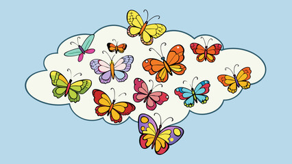 Poster - A cloud of colorful butterflies flying around representing the fleeting and sometimes elusive nature of thoughts. The butterflies are delicate and. Cartoon Vector.