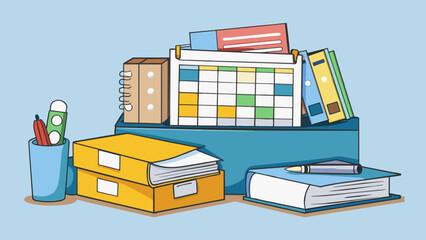Poster - A clutterfree desk with neatly stacked papers categorized folders and a clearly labeled calendar showcases the efficient management of tasks and. Cartoon Vector.