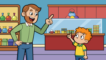 Aufkleber - A client is a parent with a young child at a toy store browsing through the aisles. The child is pulling on their parents arm pointing excitedly at. Cartoon Vector.