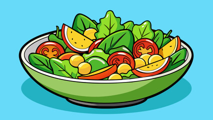 Sticker - A colorful salad with vibrant greens and an array of fresh vegetables. The greens are crisp and bright and the vegetables are perfectly chopped into. Cartoon Vector.