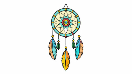 Aufkleber - A colorful handcrafted dreamcatcher with intricate weaving and dangling feathers believed to bring peaceful and pleasant dreams to its owner.. Cartoon Vector.