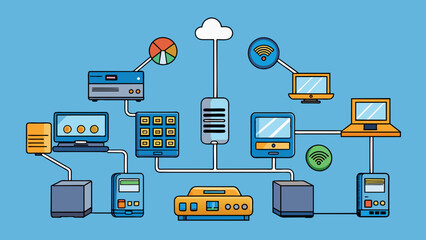 Fototapete - A communication network system Comprises of routers servers and personal devices. The routers are small and boxshaped with antennas for sending and. Cartoon Vector.