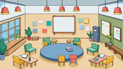 Fototapete - A community center with a bulletin board full of flyers for events and classes a cozy lounge area for socializing and a large room for meetings and. Cartoon Vector.
