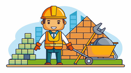Fototapete - A construction workers job requires handling heavy equipment and materials on a building site. They wear a hard hat and reflective vest for safety and. Cartoon Vector.