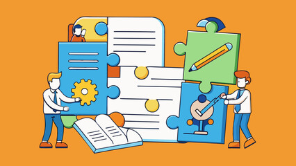 Fototapete - A contract can be compared to a puzzle with each piece representing a specific aspect of the agreement. Just as a puzzle needs all of its pieces to. Cartoon Vector.