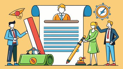 Poster - A contract with its legal jargon and signatures is a common illustration of business and employment laws. It represents the binding agreement between. Cartoon Vector.