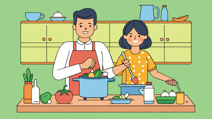 Poster - A couple cooking together in the kitchen the woman ting vegetables with a wellused wooden ting board while the man stirs a pot on the stove. The e. Cartoon Vector.