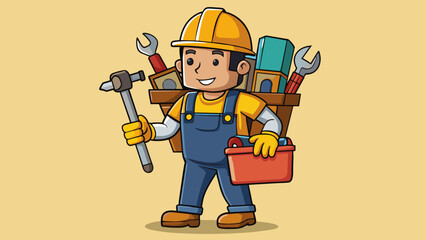 Poster - A construction worker heaves a heavy load of tools and equipment onto their shoulders as they make their way to a job site. The tools including. Cartoon Vector.