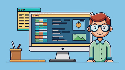 Fototapete - A computer screen with a complex coding language displayed representing the skill and knowledge of a proficient programmer.. Cartoon Vector.