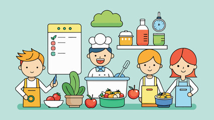 Poster - A cooking programme that focuses on quick and healthy meals suitable for busy individuals and families. It provides a weekly meal plan with simple. Cartoon Vector.