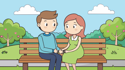 Aufkleber - A couple sits on a bench in a quiet park enjoying the warm sun as they wait for the arrival of their first child. They hold hands and gaze lovingly at. Cartoon Vector.