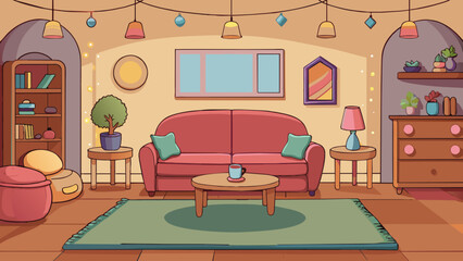Poster - A cozy and inviting living room with soft and plush furniture warm ambient lighting and tasteful decor for a welcoming and comfortable space to relax. Cartoon Vector.