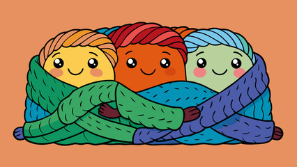 Fototapete - A cozy blanket with a variety of colorful threads woven together representing a diverse group of friends who come from different backgrounds and bring. Cartoon Vector.