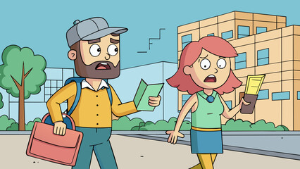 Aufkleber - A couple walking down the street one holding a map and the other stubbornly insisting they know the right way to go. Tense body language exasperated. Cartoon Vector.