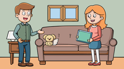 Poster - A couple discussing the purchase of a cozy charcoal gray sofa with plush cushions and a sy wooden frame at a furniture store.. Cartoon Vector.