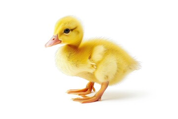 Tiny duckling with bright yellow feathers isolated on white background