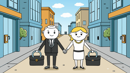Poster - A couple walking hand in hand down a busy city street their matching silver wedding bands catching the sunlight. They both carry identical black. Cartoon Vector.