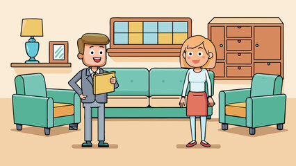 Poster - A couple was in a furniture store looking at different couches for their living room. They took their time sitting on each one considering factors. Cartoon Vector.