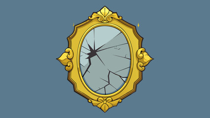 Poster - A cracked mirror hangs on the wall its reflective surface fragmented and distorted. The ornate gold frame that once held it together now tarnished and. Cartoon Vector.